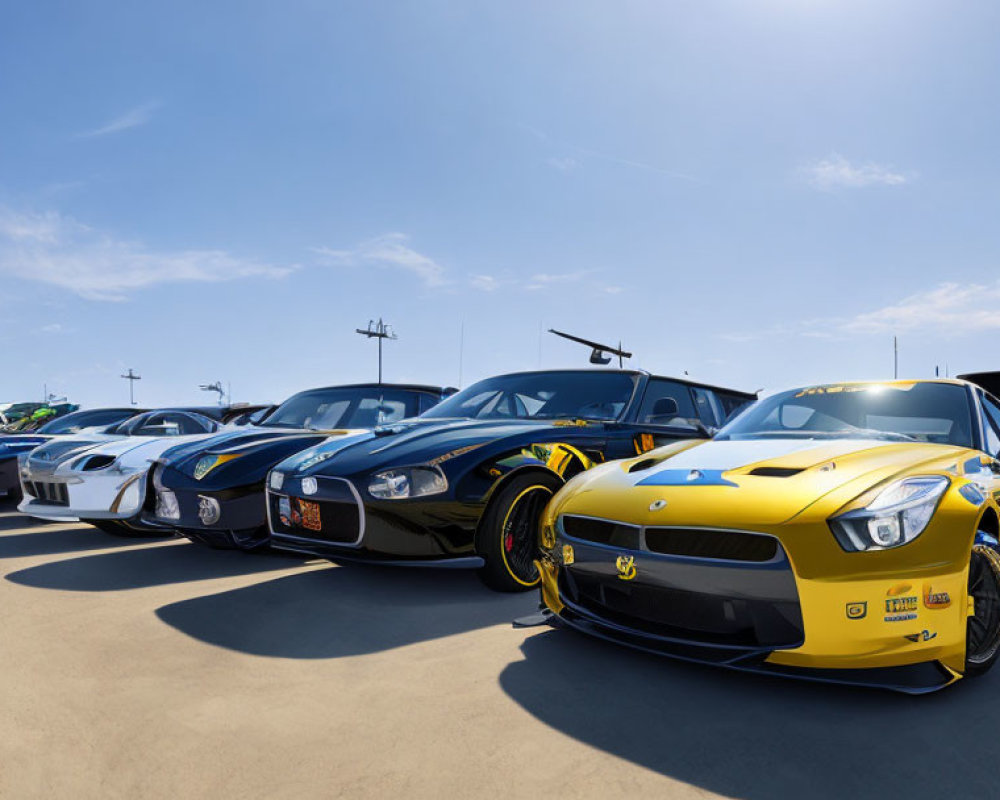 Vibrant sports cars lineup under clear sky