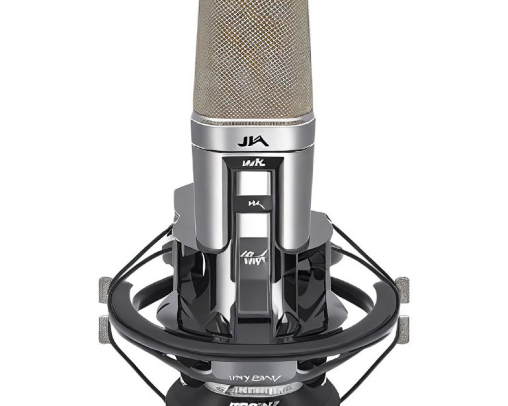 Silver Grille Studio Microphone on Shock Absorber Stand with Logos
