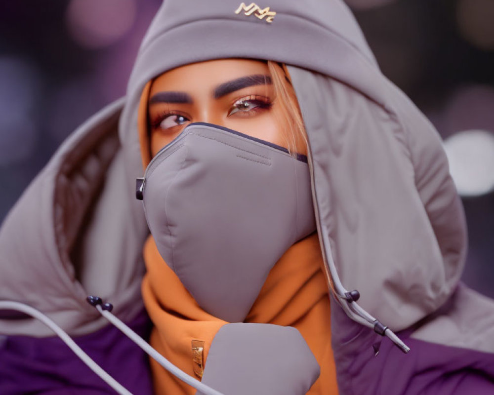 Purple winter coat and hood, orange scarf, face mask, visible eyes.