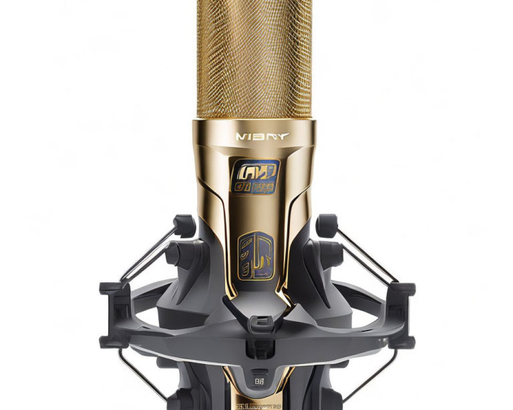 Gold Condenser Microphone with Shock Mount on White Background