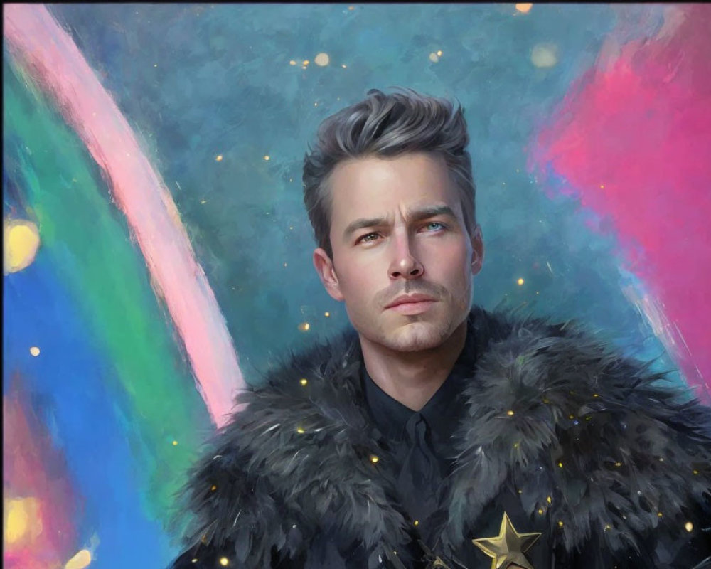 Man in Fur-Collared Jacket with Star Insignia on Colorful Background