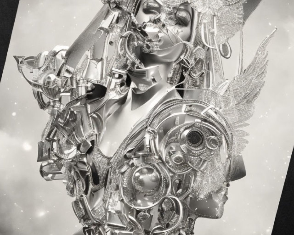 Monochrome futuristic image of stylized robotic face with intricate details and ornate designs.
