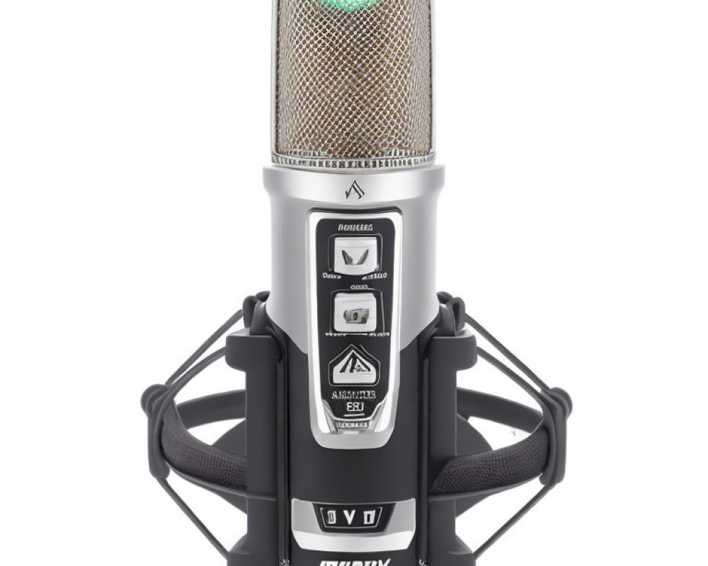 Silver condenser microphone with mesh top, logo, knobs, switches, and shock mount