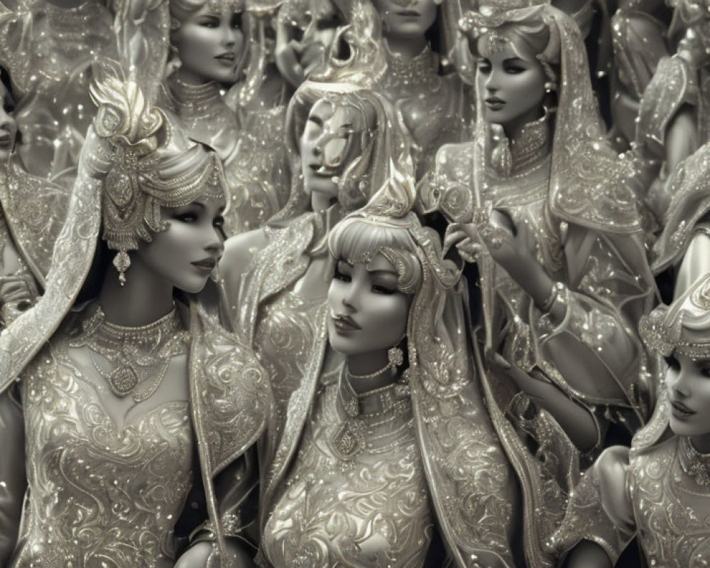 Monochromatic image of ornate, regal female figurines