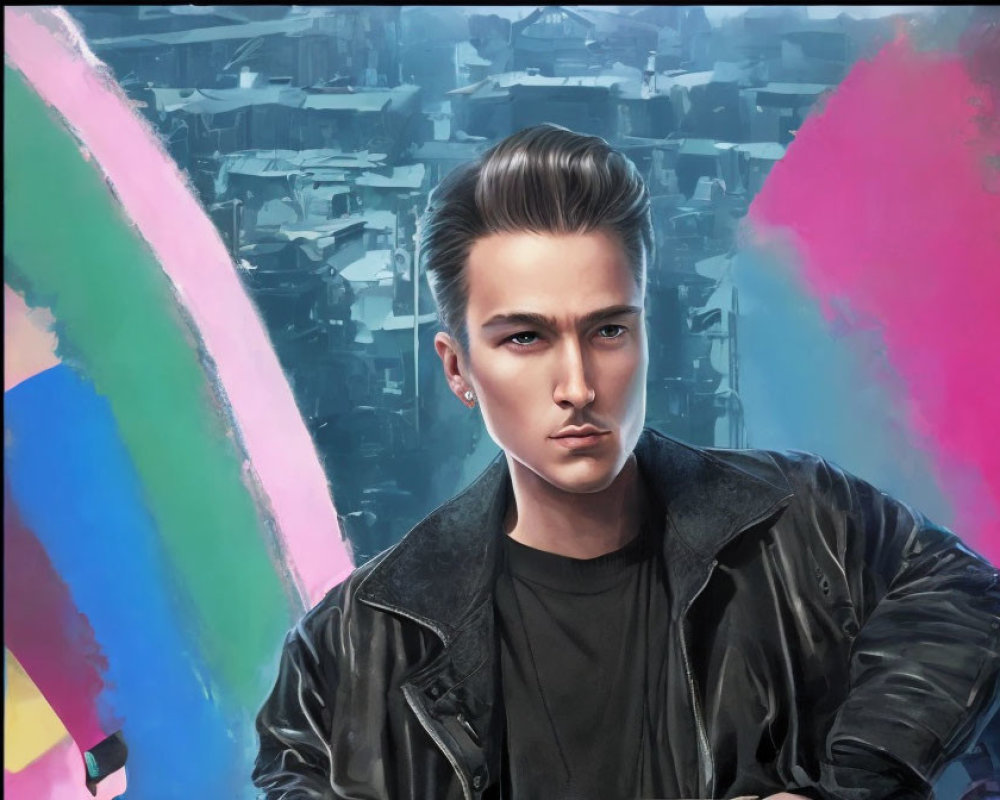 Abstract digital artwork: person with slicked-back hair in leather jacket on colorful background.