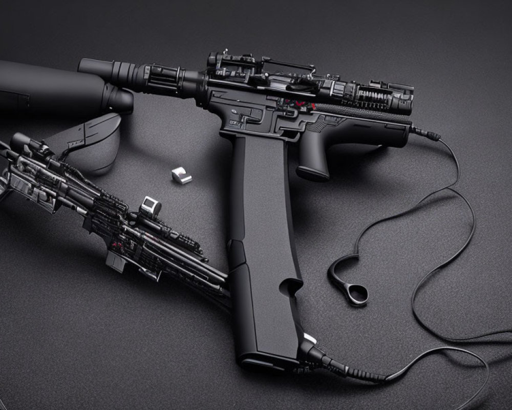 Tactical black assault rifle with scope and laser sight