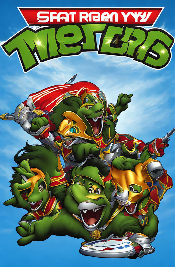Four animated turtles in superhero poses with martial arts weapons against a blue sky with a stylized logo above