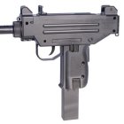 Black semi-automatic pistol with exposed barrel and front grip on white background