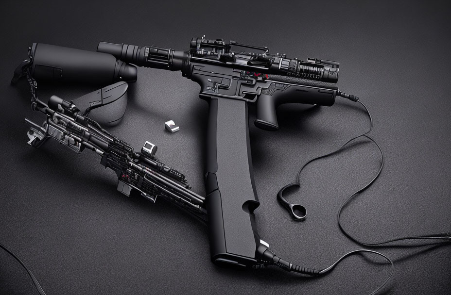 Tactical black assault rifle with scope and laser sight