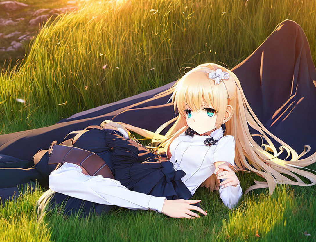 Blonde Anime Girl in Black Dress Relaxing in Sunlit Field