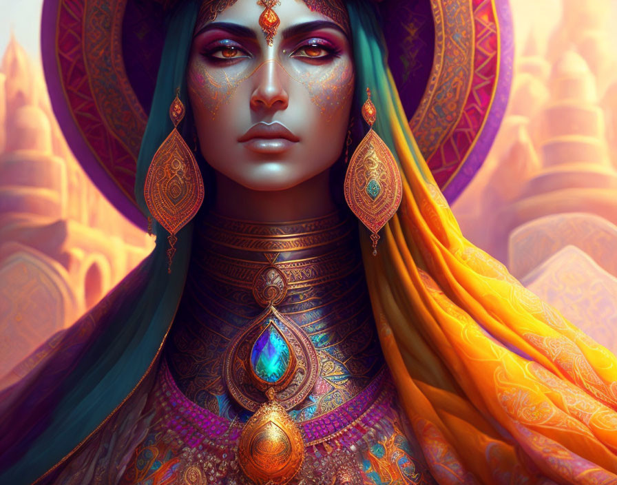 Colorful digital portrait of a woman in traditional attire and gold jewelry against fantastical backdrop