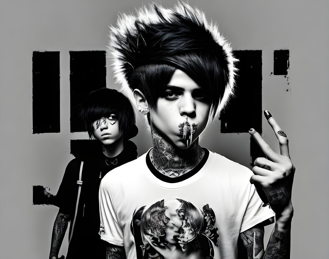 Monochrome Image: Two Individuals with Tattoos, Piercings, Alternative Fashion