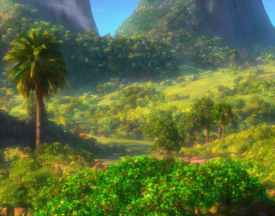 Tropical landscape with green trees, sunlit mountains, and blue sky