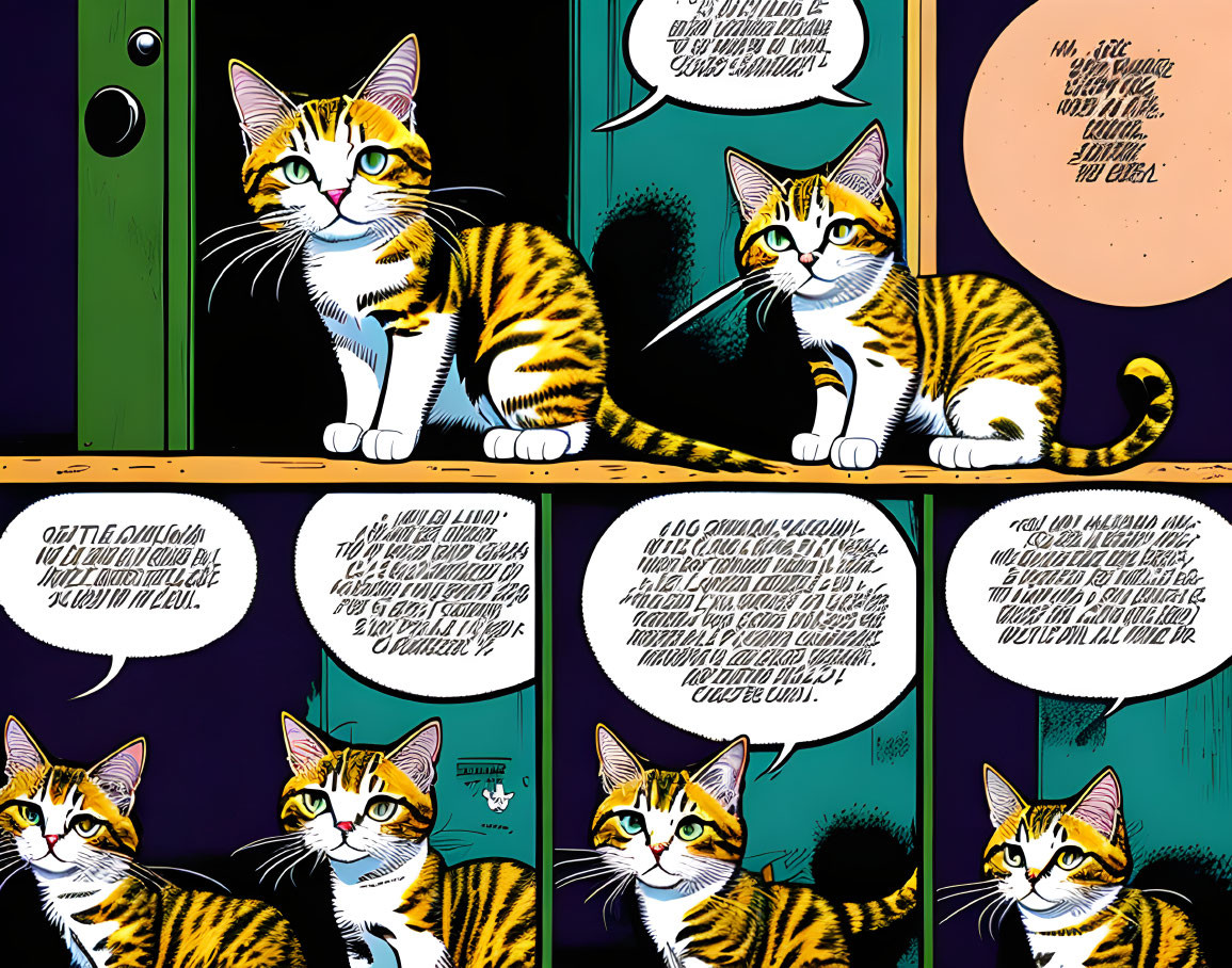 Colorful comic strip with orange cat and green door in four panels