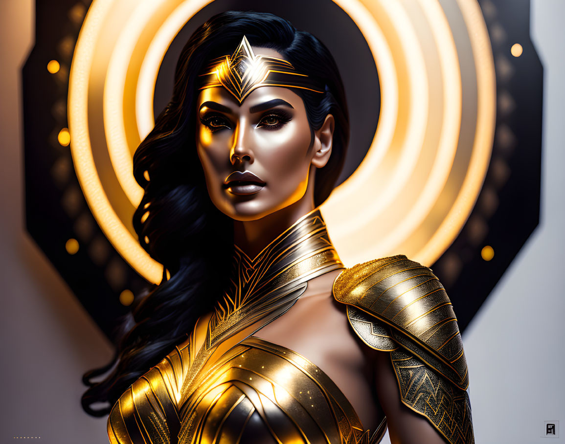 Digital portrait of Wonder Woman with glowing tiara and gold armor against golden light rings