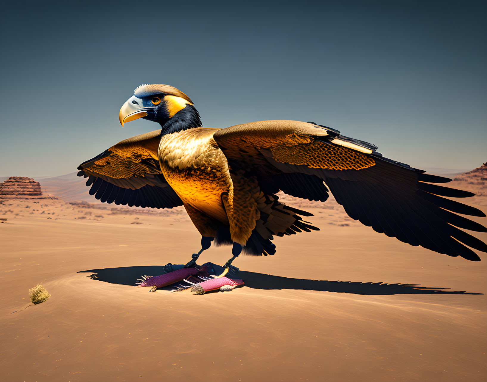 Surreal image: Eagle-bodied bird with mandrill head in desert landscape