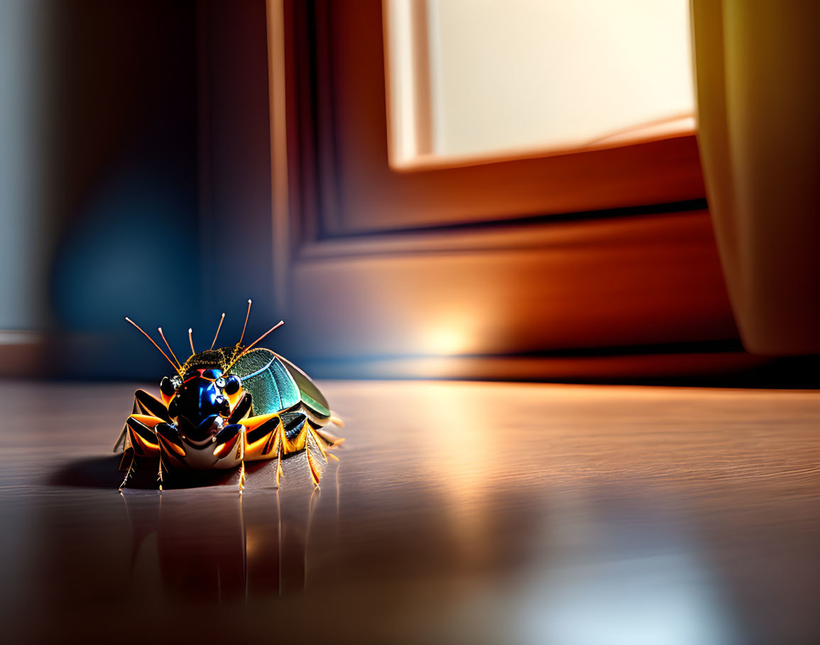 Colorful Cockroach on Shiny Floor by Sunlit Window