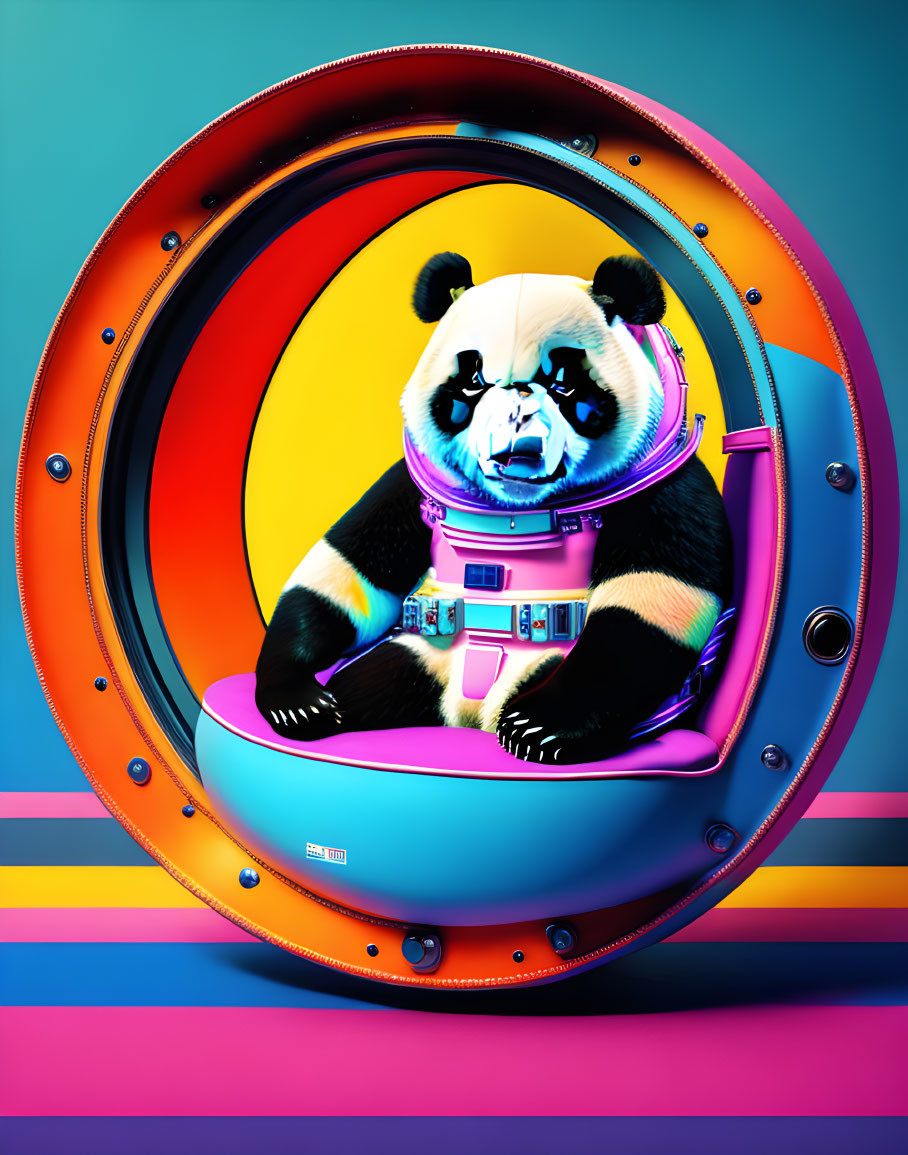 panda in a space suit, in a chair, against the bac