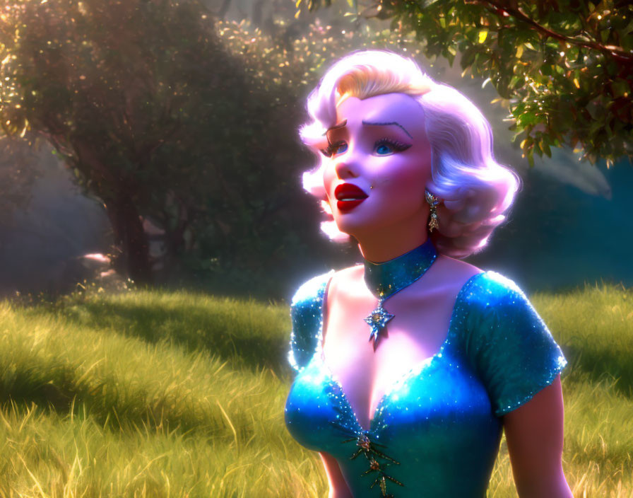 Blonde Woman in Sparkling Blue Dress in Misty Forest