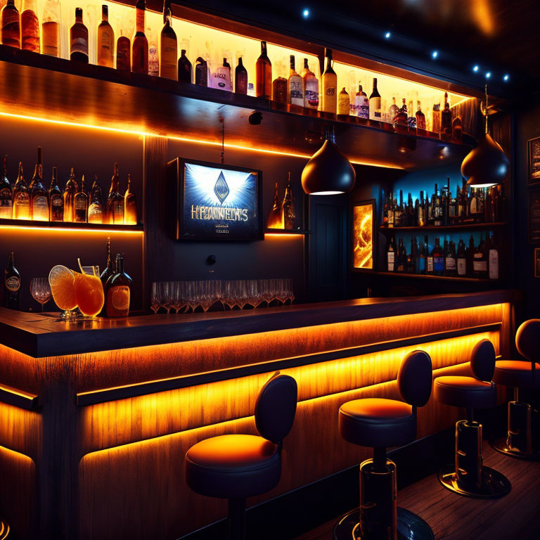 Modern bar with ambient lighting, shelves of bottles, stools, and flat-screen TV.