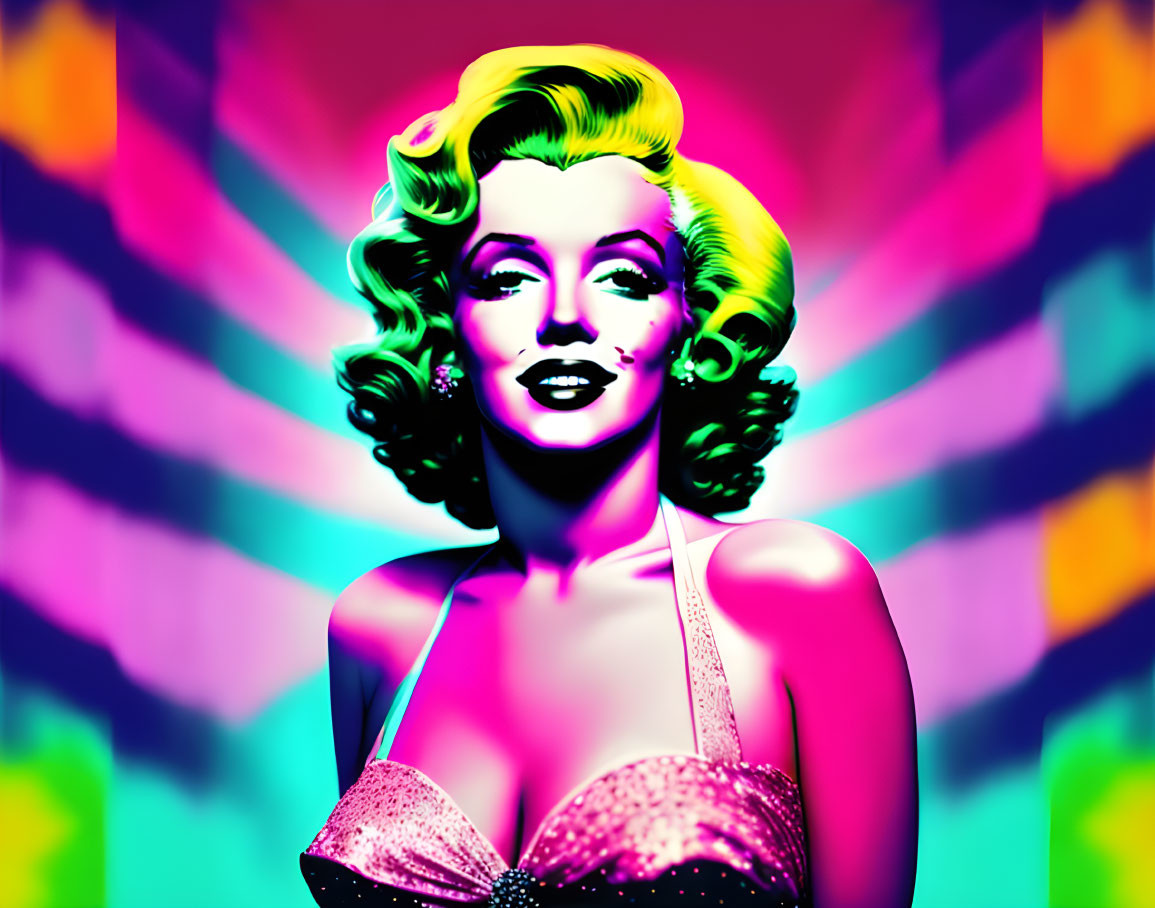 Colorful Pop Art Portrait of Woman with Curly Blonde Hair and Sparkling Dress
