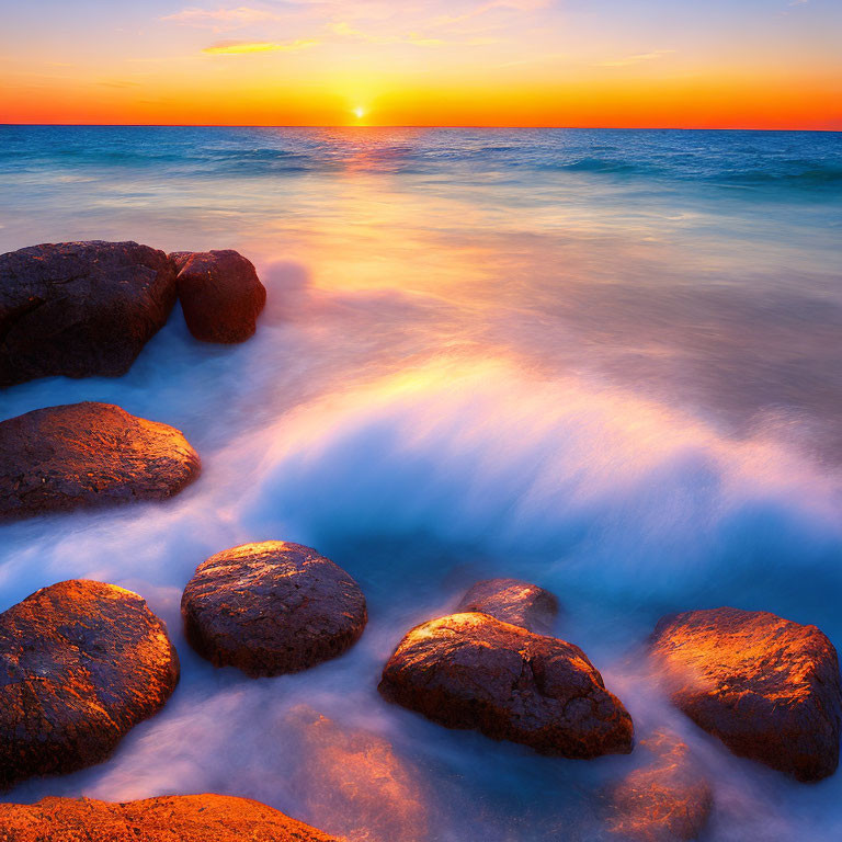 Tranquil sunset over sea with waves crashing on rocks under blue-orange sky