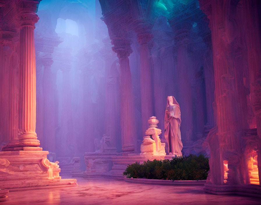 Mystical robed figure among ancient pillars in soft purple and pink light