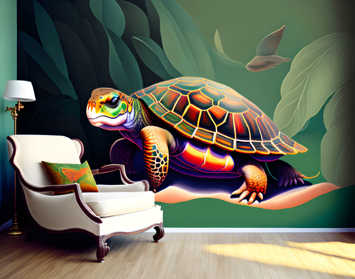 Colorful Giant Turtle in Stylized Room with Armchair, Lamp & Tropical Wallpaper