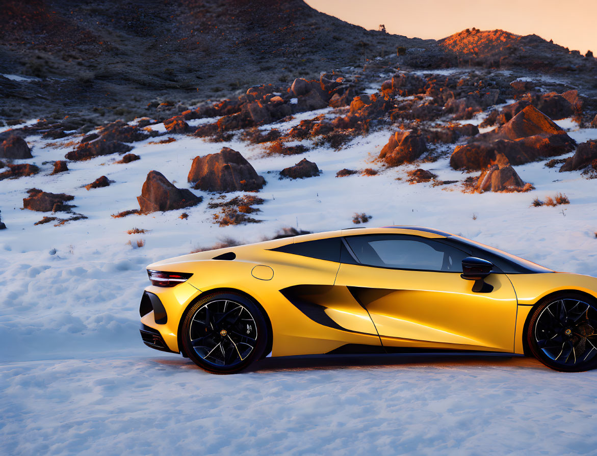 Yellow Sports Car on Snowy Terrain with Rocky Hills and Sunset Lighting