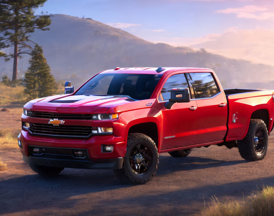Red Chevrolet Silverado Pickup Truck on Dirt Road with Hills and Hazy Sky