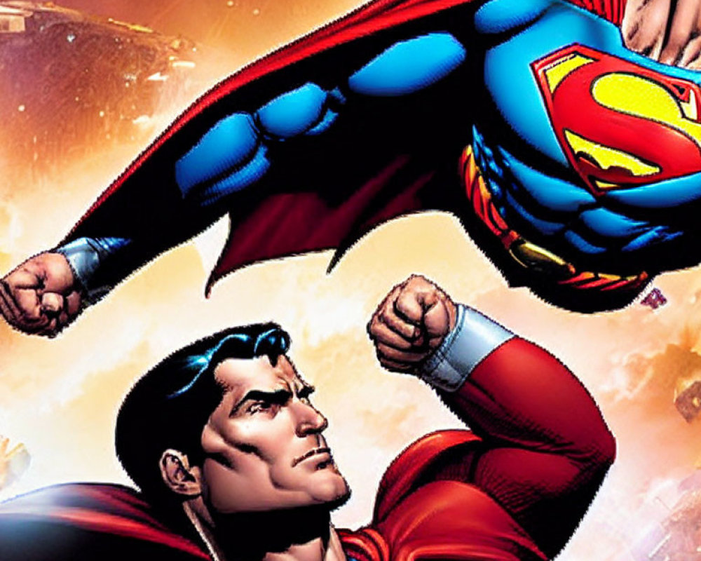 Superman flying in red and blue costume with cape and 'S' emblem