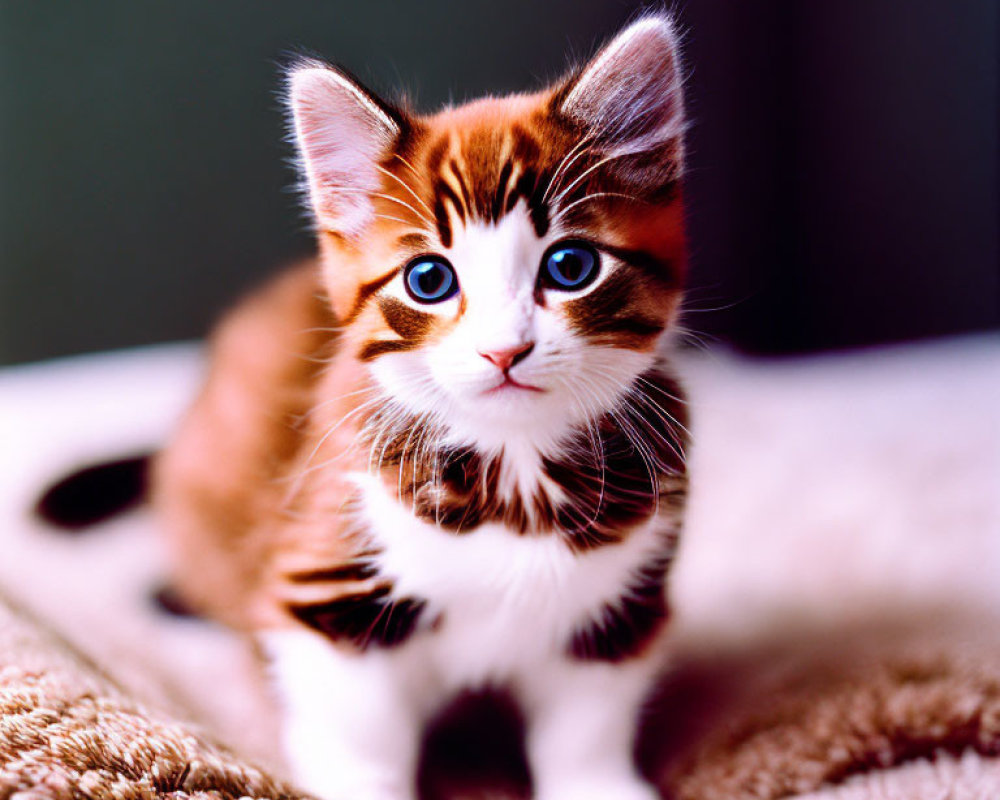 Orange and Black Fur Kitten with Blue Eyes on Soft Surface