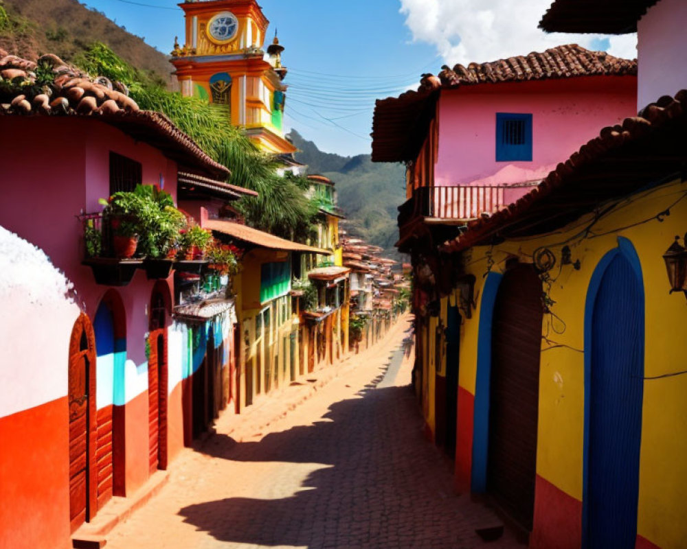 Vibrant cobbled street with colorful colonial buildings and clock tower