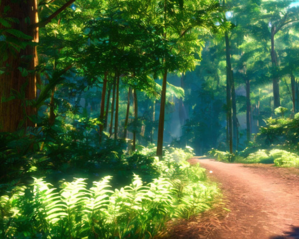 Lush forest with sunlight on dirt path and vibrant ferns