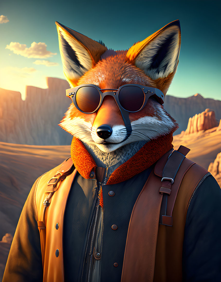 Anthropomorphic fox in sunglasses, scarf, jacket, backpack in desert canyon at sunset