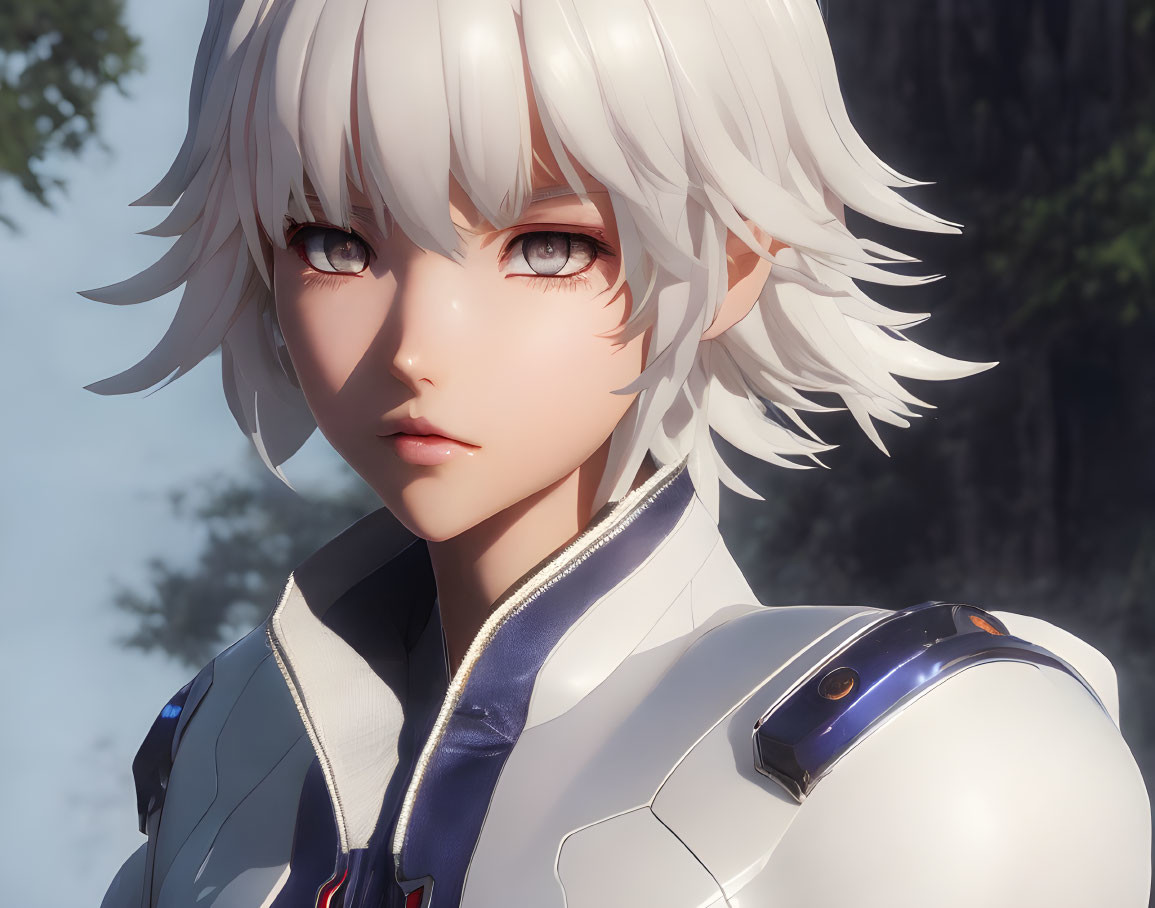 Detailed digital artwork: character with short white hair, gray eyes, futuristic white and blue outfit