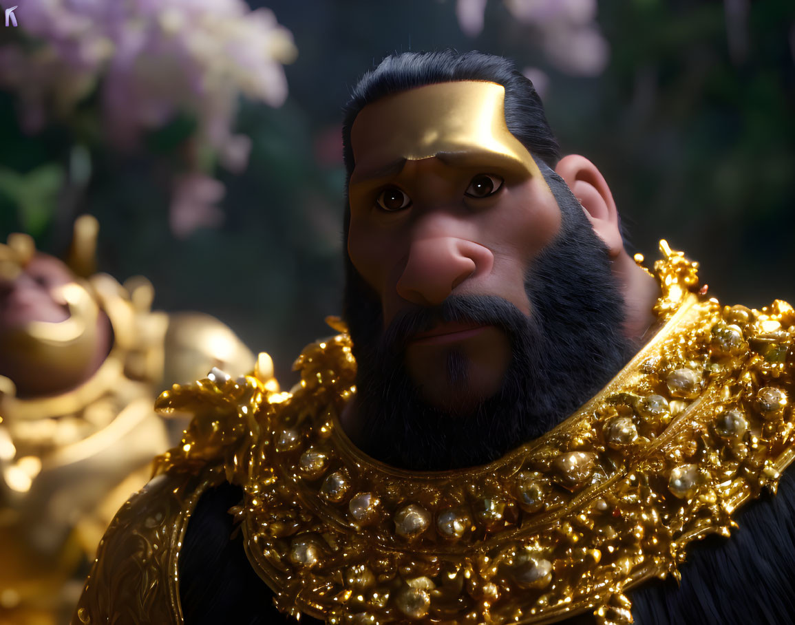 Animated character with black beard in golden crown and armor on floral background.
