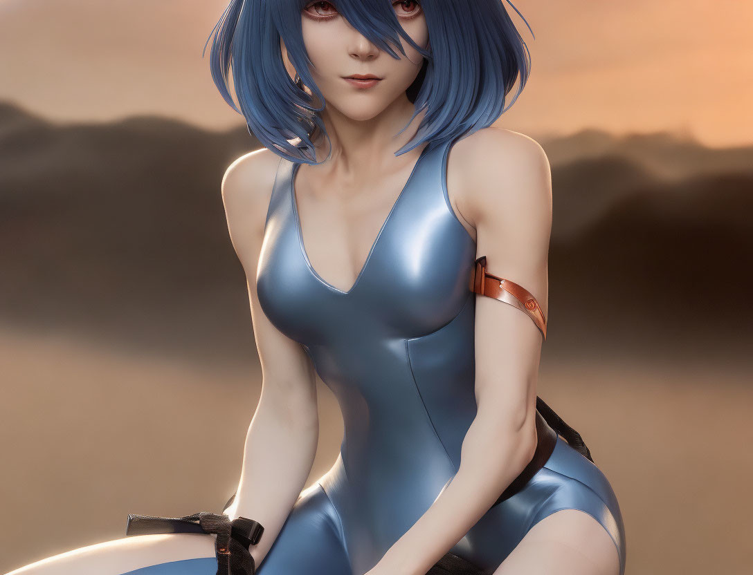 Blue-haired animated character in tight bodysuit kneeling in desert scenery