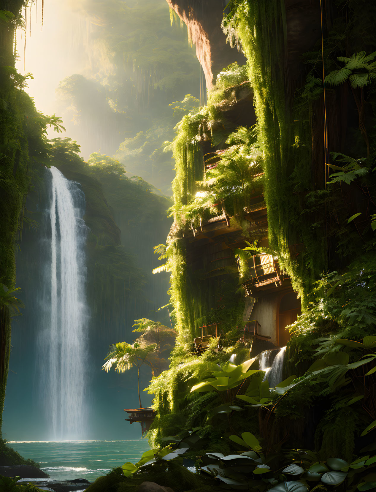 Tranquil waterfall beside moss-covered cliffs in soft sunlight