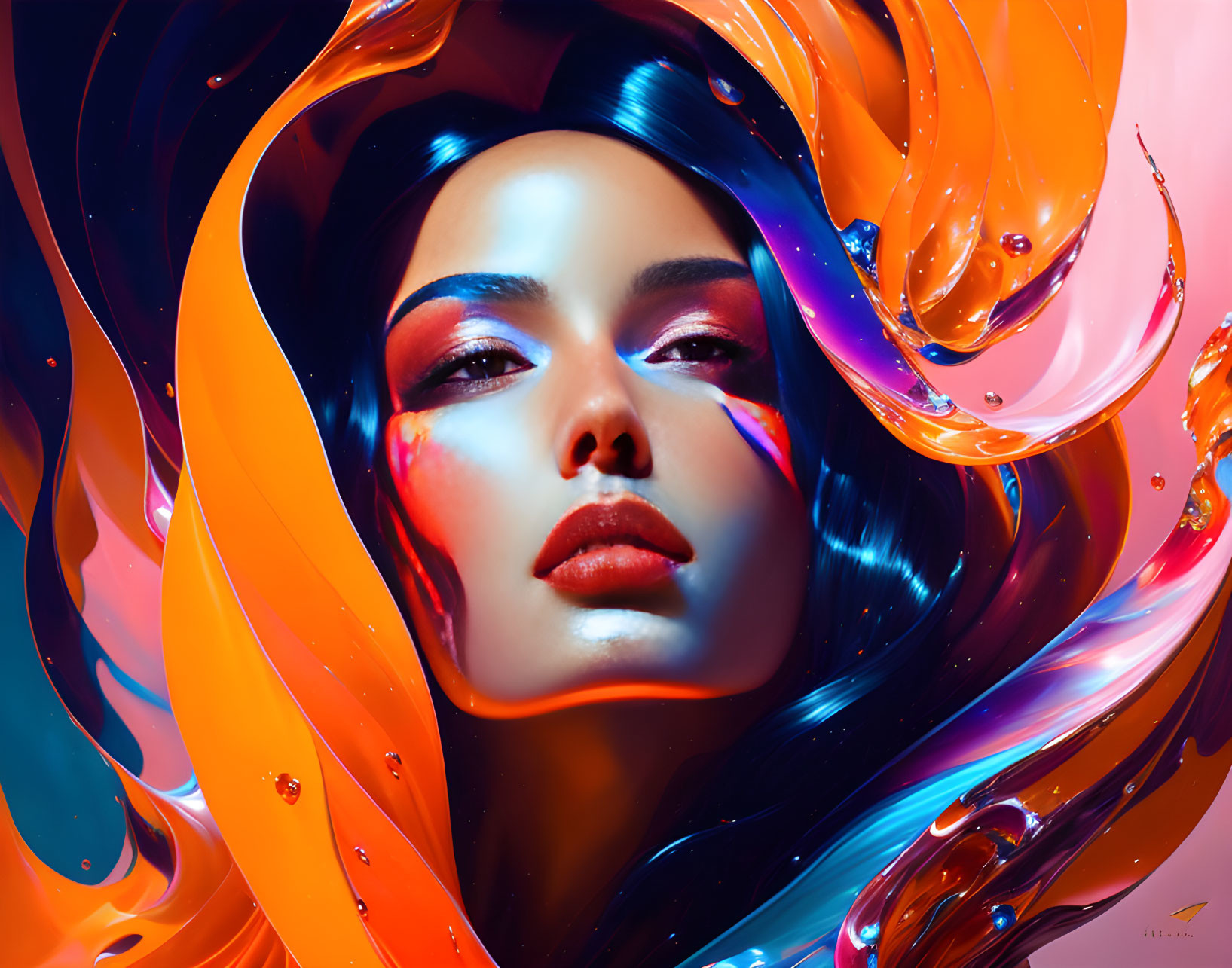 Colorful digital portrait of a woman with swirling blue, orange, and red hues