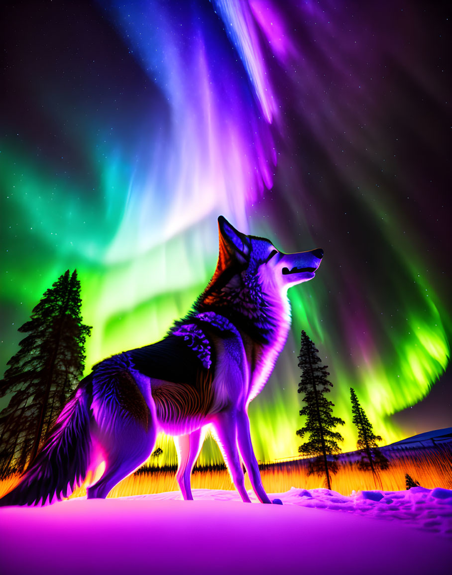 Wolf howling at the aurora borealis