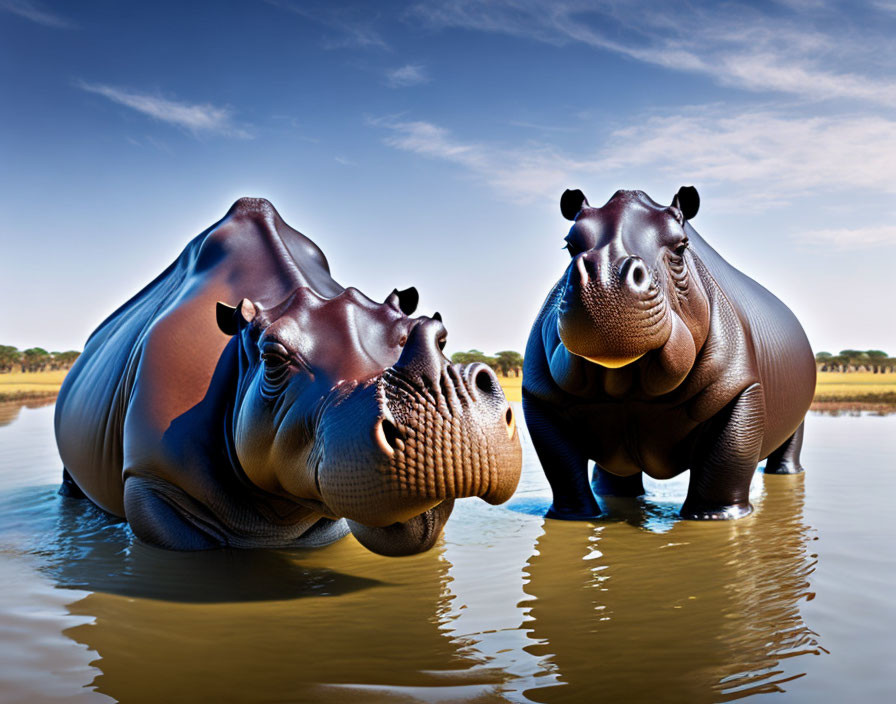Two hippos in water under clear blue sky