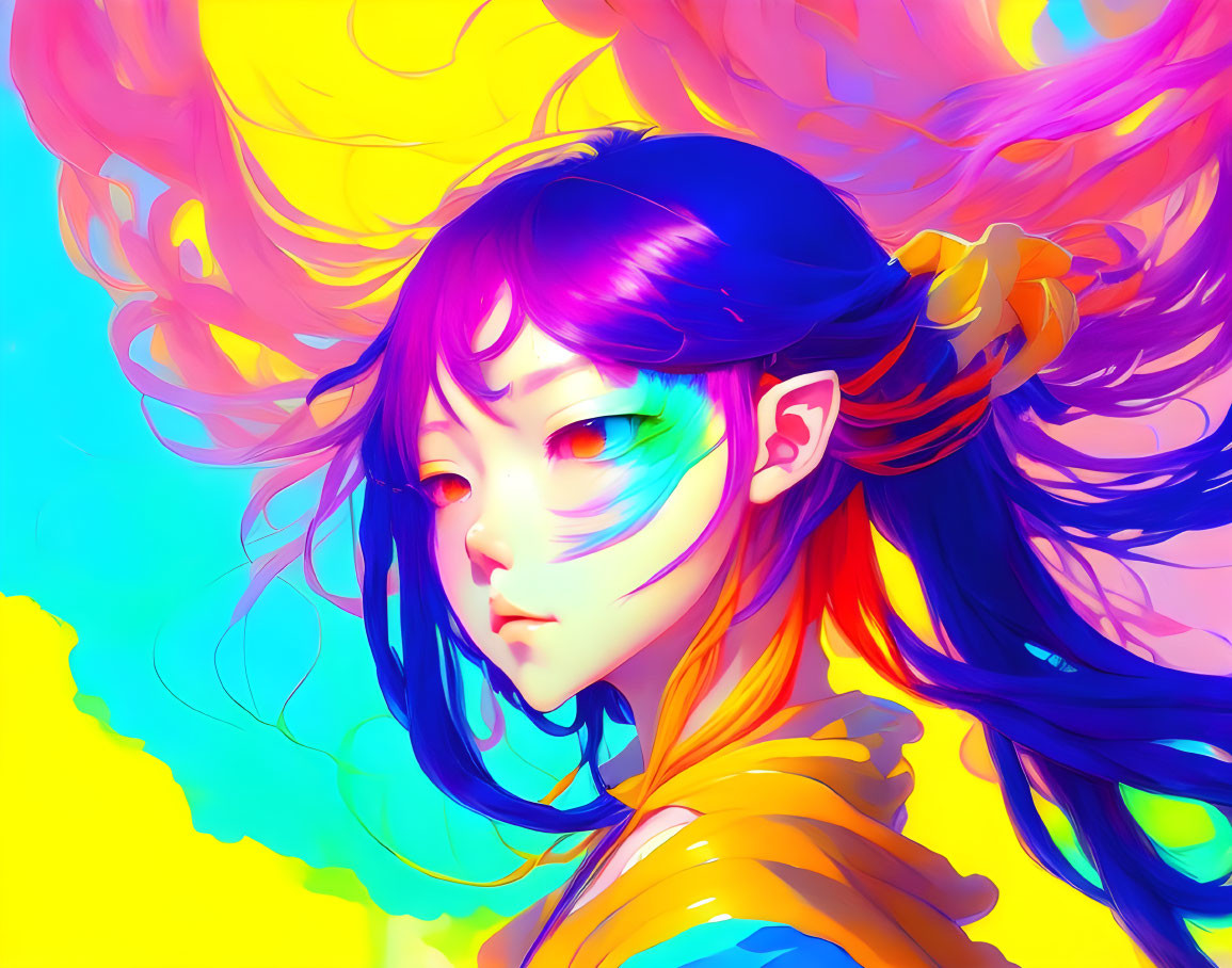 A girl with colorful hair in a colorful painting