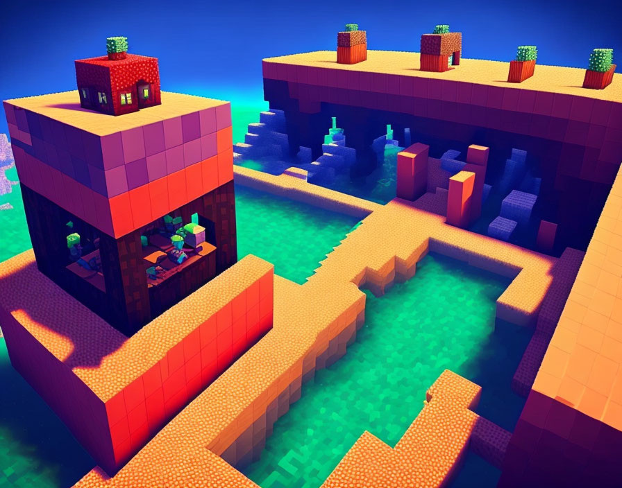 Colorful Voxel Landscape with Floating Islands & Blocky Structures