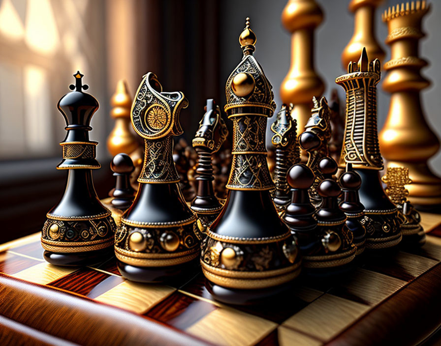 Intricately designed chess set on board with soft shadows