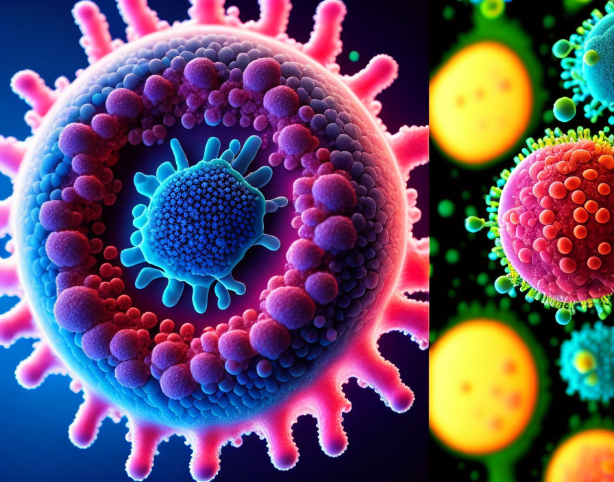 Colorful Virus Particles with Surface Proteins on Dark Background