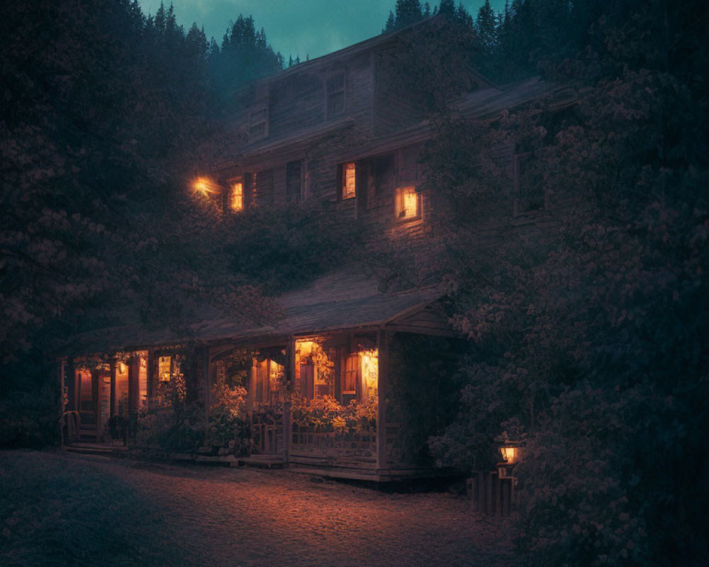 Old House with Illuminated Windows in Twilight Forest
