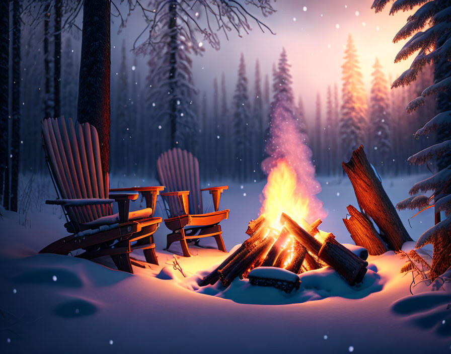 Winter Twilight Campfire Scene in Snowy Forest