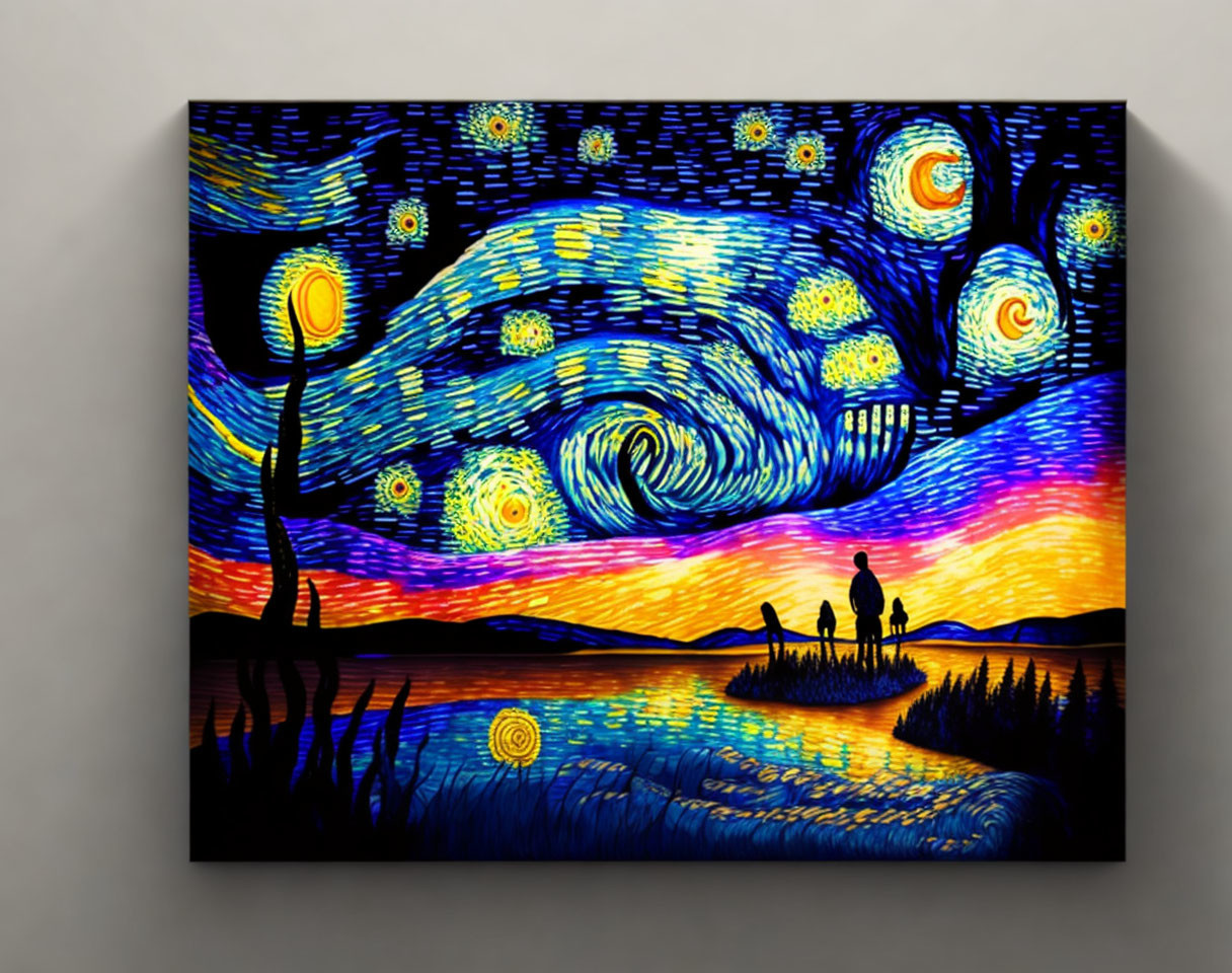 Night Sky Painting with Crescent Moon, Stars, and Silhouetted Landscape