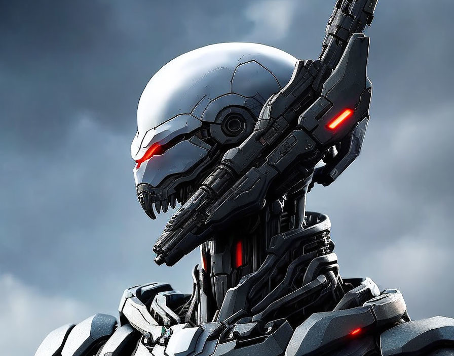 Futuristic robot with silver head and red glowing eyes against cloudy sky